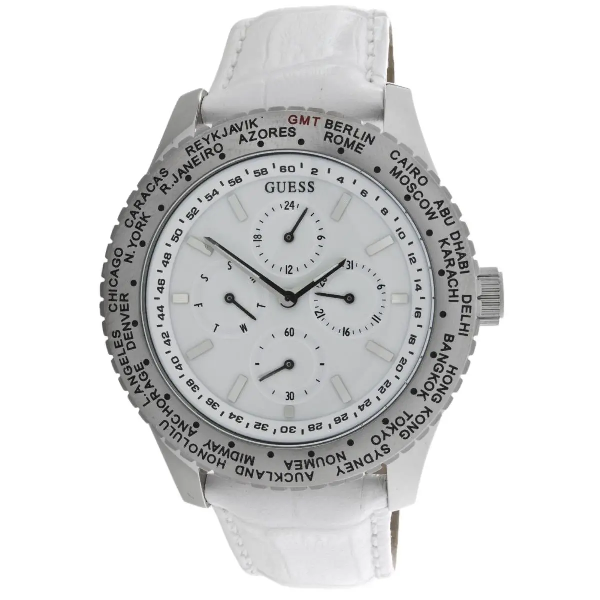 Guess White Croc Leather+silver Tone Chrono International World Watch W12082G2