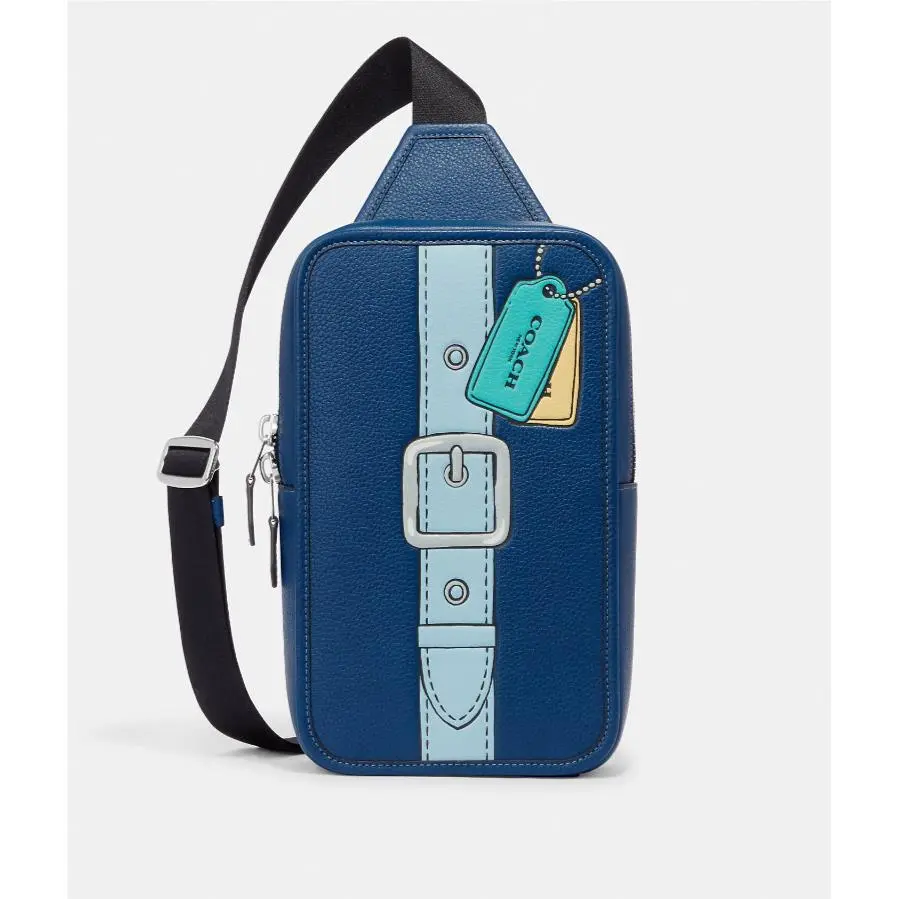 Coach Men`s Silver/true Blue Sullivan Pack W/trompe L`oeil Print Xbody CH232