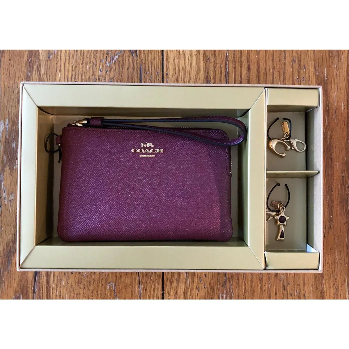 Coach Black Cherry Burgundy Glitter Wristlet Wallet with 2 Charms
