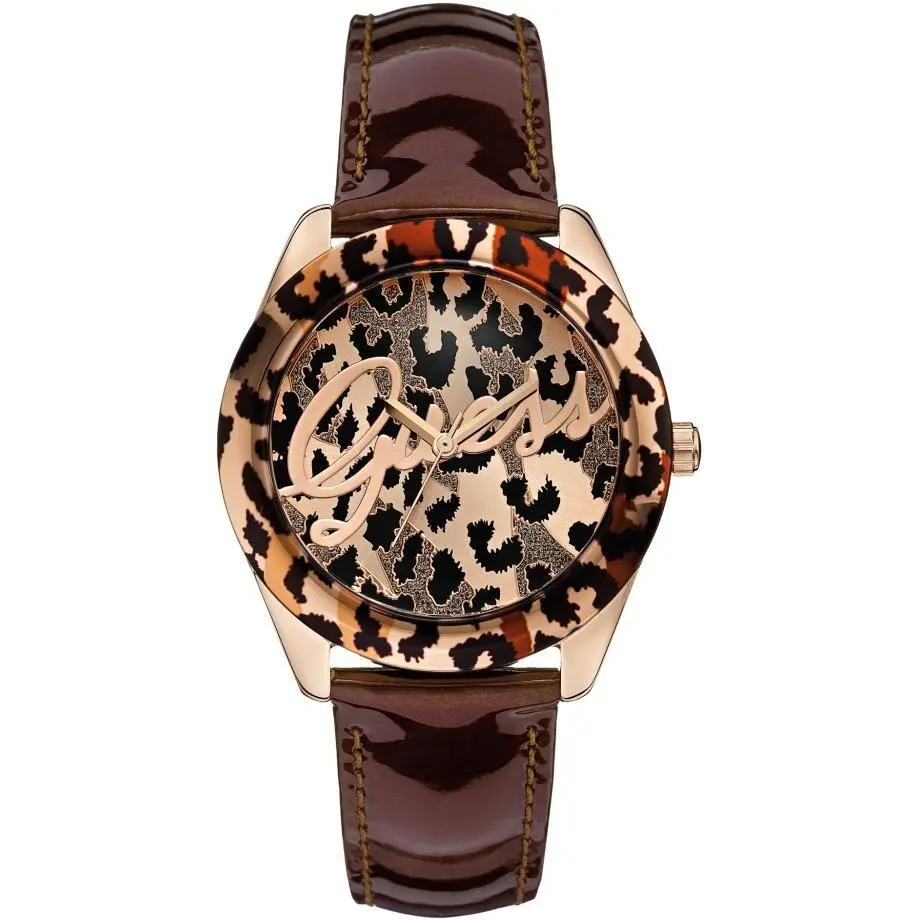 Brown Leather Strap Leopard Print Design Rose Gold Women`s Watch W0455L3 by Guess
