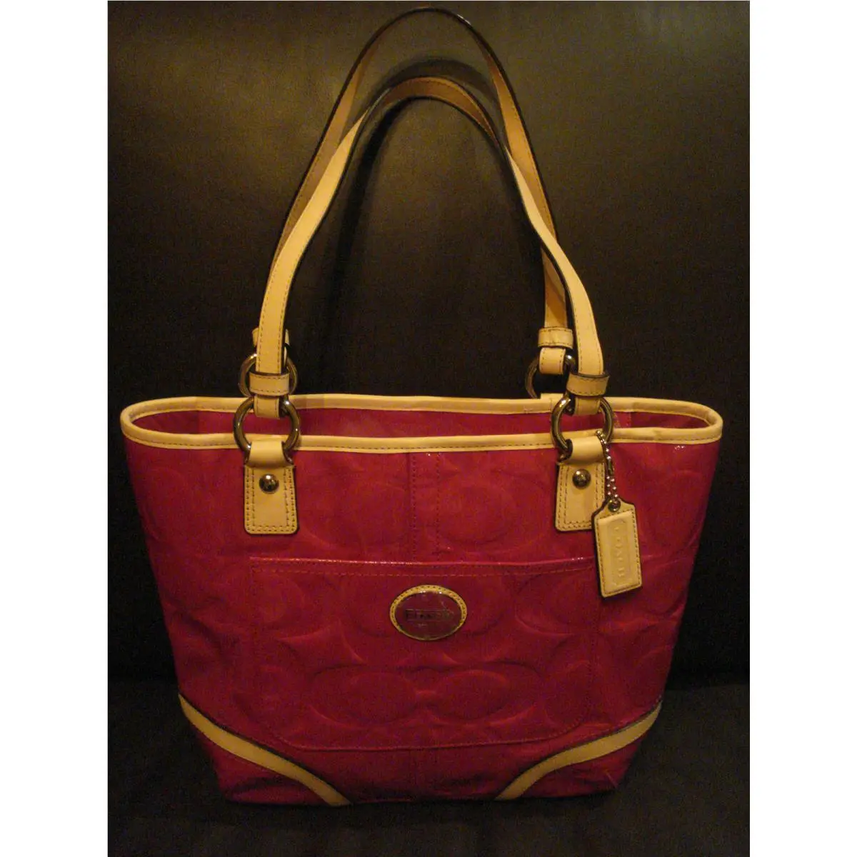 Coach Peyton Embossed Patent Tote Purse IN Magenta Tan and Silver - F22322