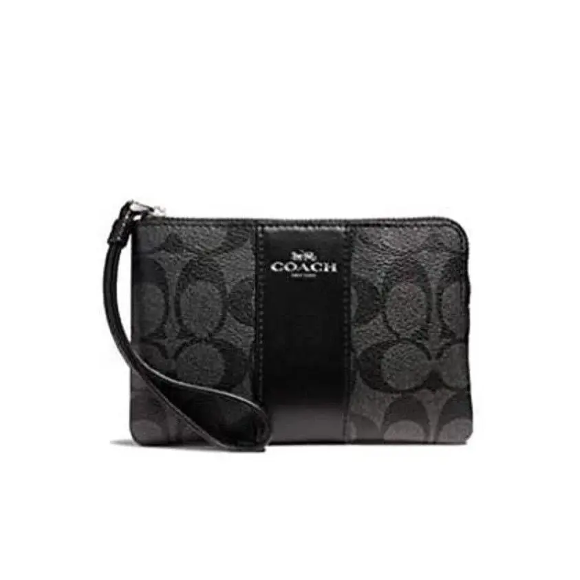 F58035 Corner Zip Wristlet in Signature Coated Canvas with Leather Stripe by Coach