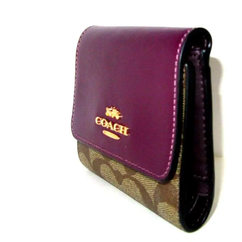 Coach CE930 Small Trifold Wallet Khaki Signature Deep Berry Leather
