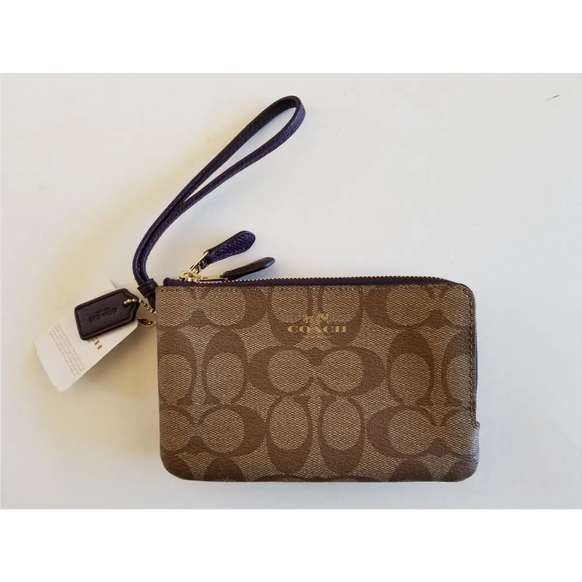 Coach F66506 Signature Pvc Double Corner Zip Wristlet Khaki Aubergine