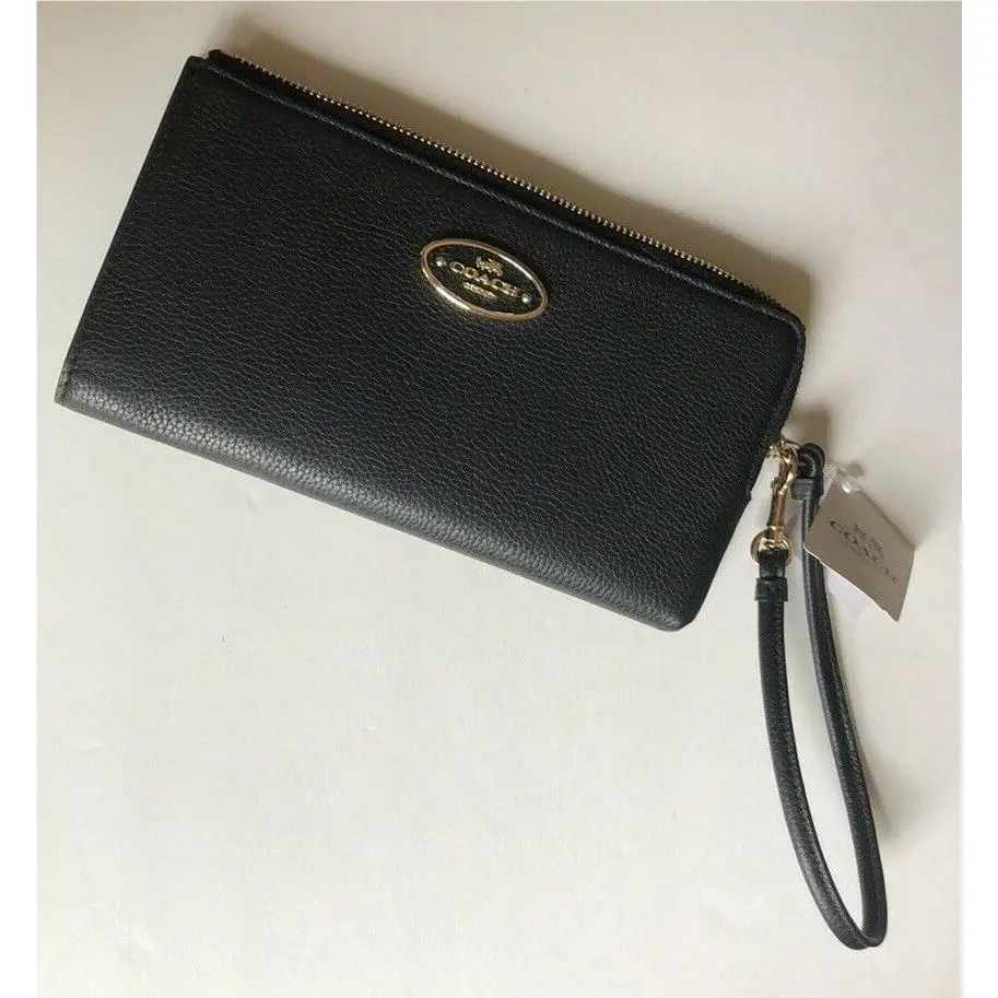 Coach Black Polished Pebble Leather Accordion Zip Wallet 7.5 L x 4 H x 3``