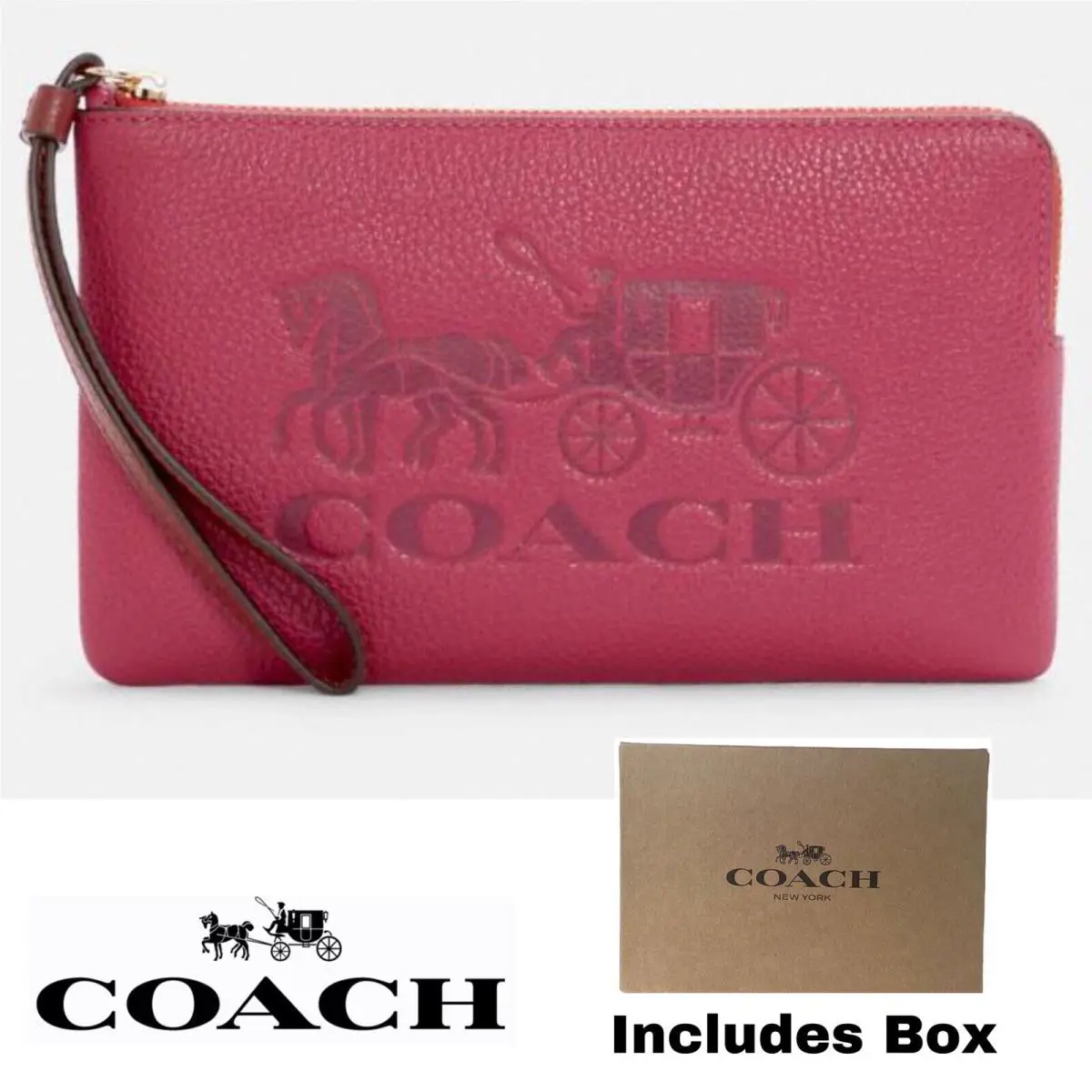 Coach Bag Large Corner Zip Wristlet Horse Carriage Leather Handbag Bright Violet