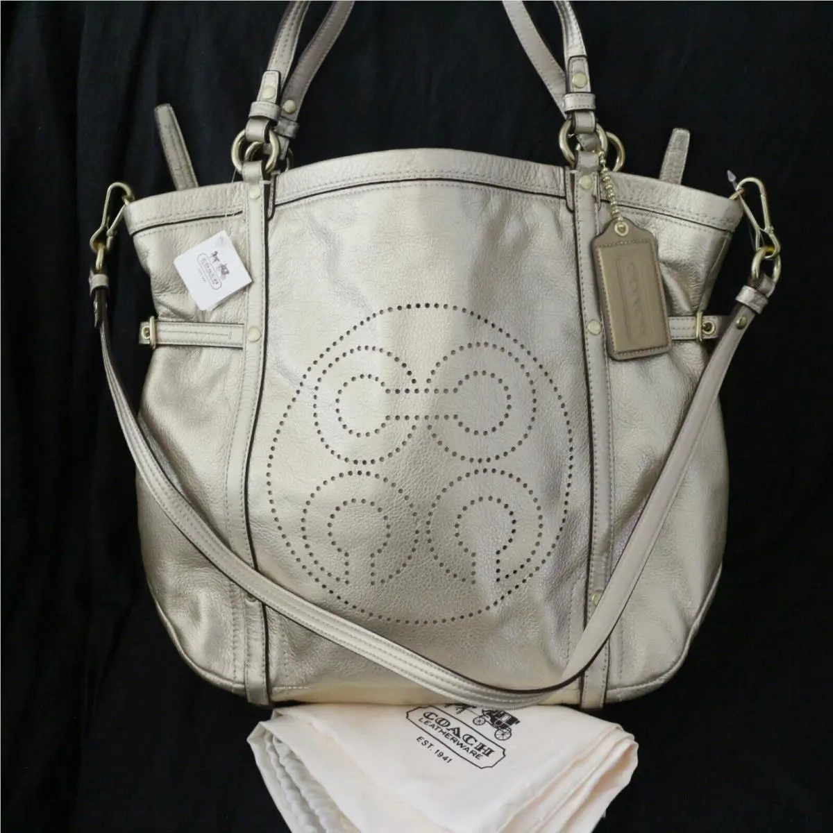 Coach Audrey OP Art Metallic Leather Tote Shoulder Bag Purse