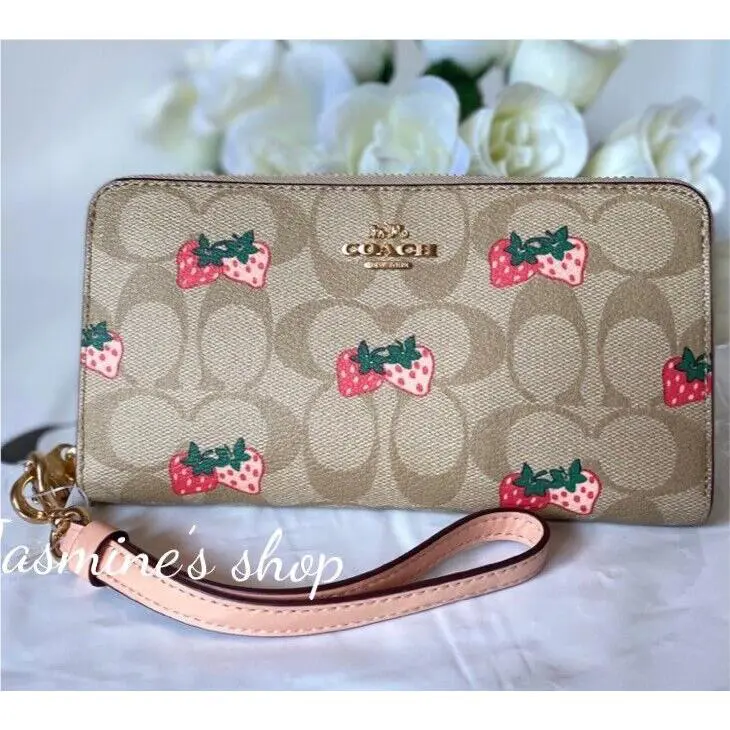 Coach Long Zip Around Wallet In Signature Canvas with Strawberry Print CB593
