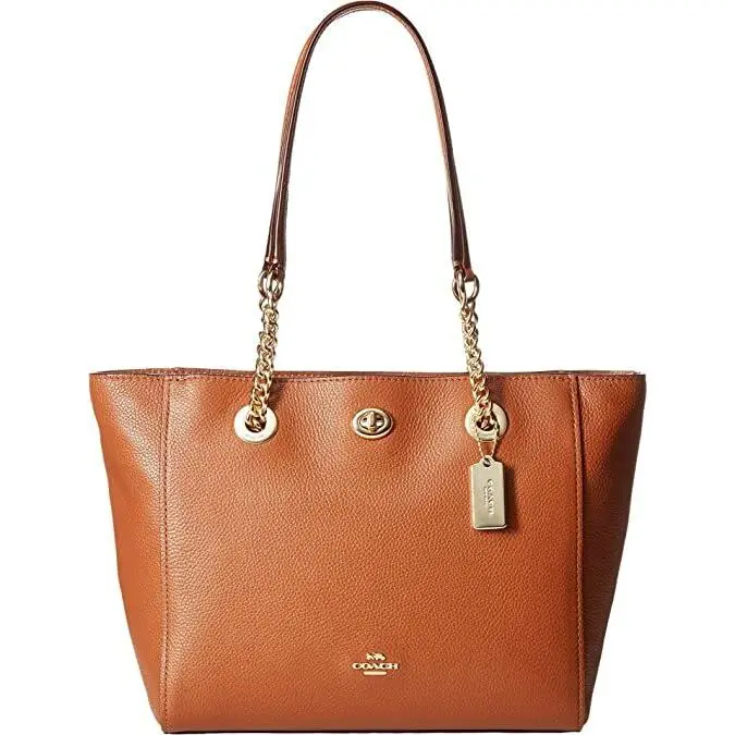 Coach NY 57107 Turnlock Gold Chain Saddle Brown Leather Shoulder Tote Bag