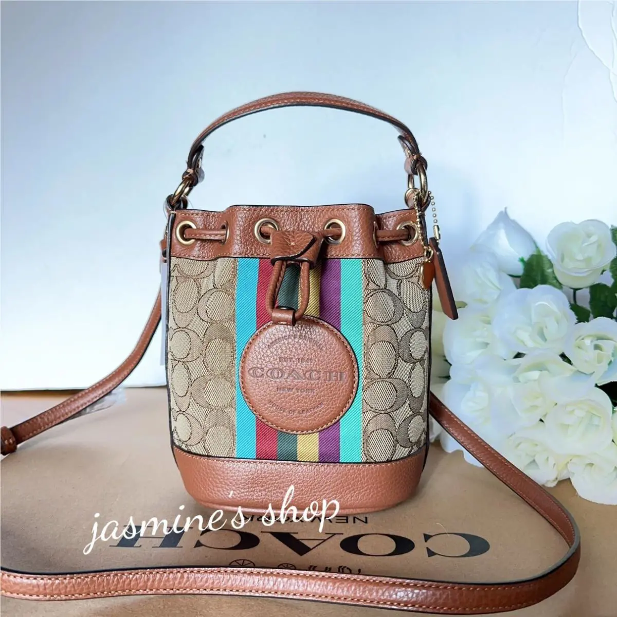Coach Mini Dempsey Bucket Bag In Signature Jacquard with Stripe CC318