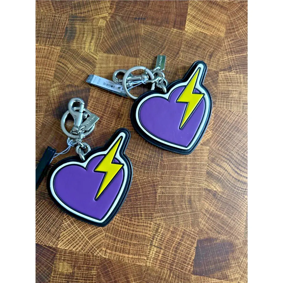 Coach Purple Heart Lightening Bolt Leather Bag Charm Key Ring