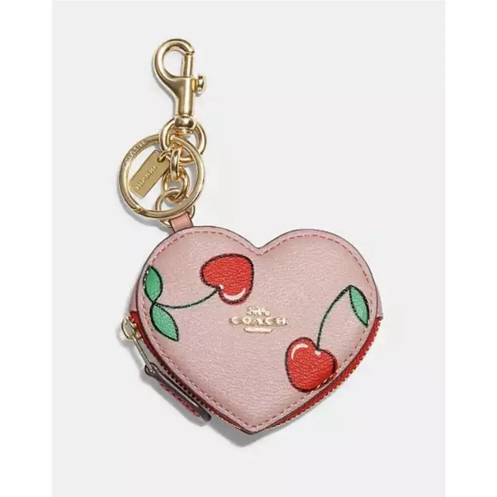 Powder Pink Heart Pouch Red Heart Cherry Print Bag Charm Coin Case by Coach