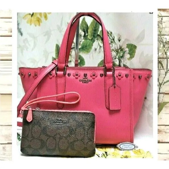 Coach Crosby Floral Rivets Handbag Wristle Set In Dahlia Pink Leather