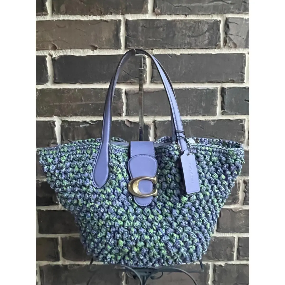 Coach Small Popcorn Texture Straw Tote Pouch Light Purple Soft Green