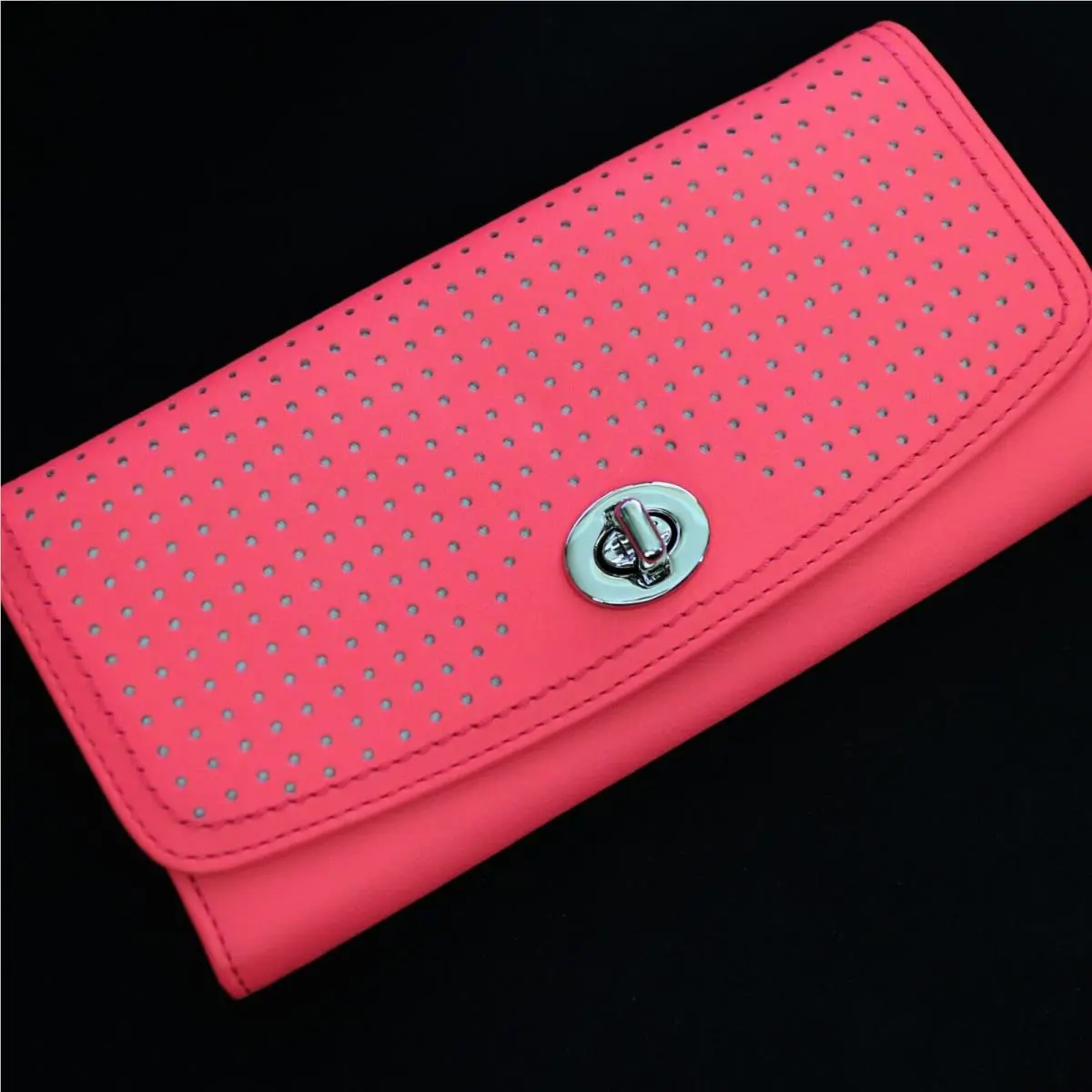 Coach Legacy Perf Leather Bright Coral Pink Flap Slim Envelope Wallet