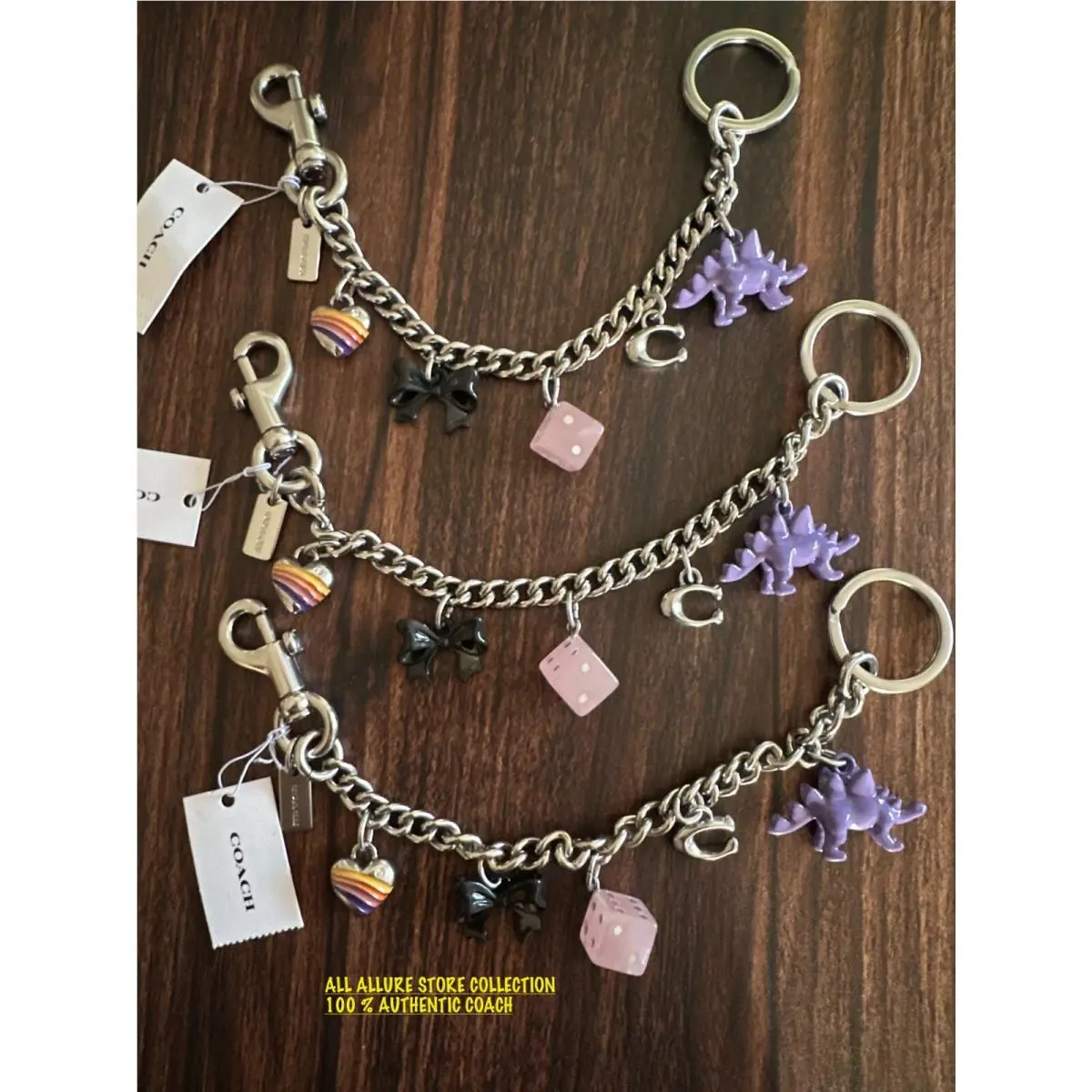 Coach Motif Chain Bag Charm Bow Heart Rexy Silver Multi Rare