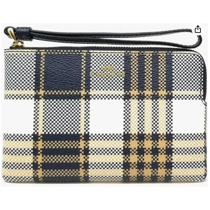 Coach Signature Coated Canvas Plaid Print Sm Corner Wristlet Midnight C8683