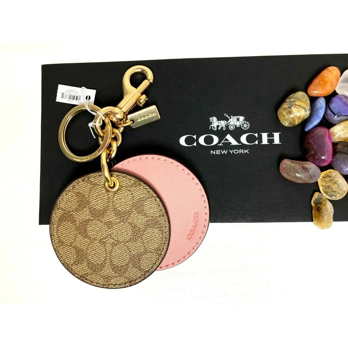 Coach Khaki/pink Round Mirror Canvas Leather Bag Charm Keychain F77961