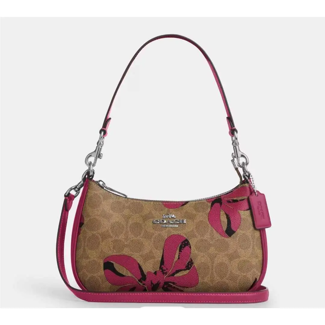 Coach CAA70 Teri Shoulder Bag Signature Canvas Leather Bow Print Tan/pink Multi