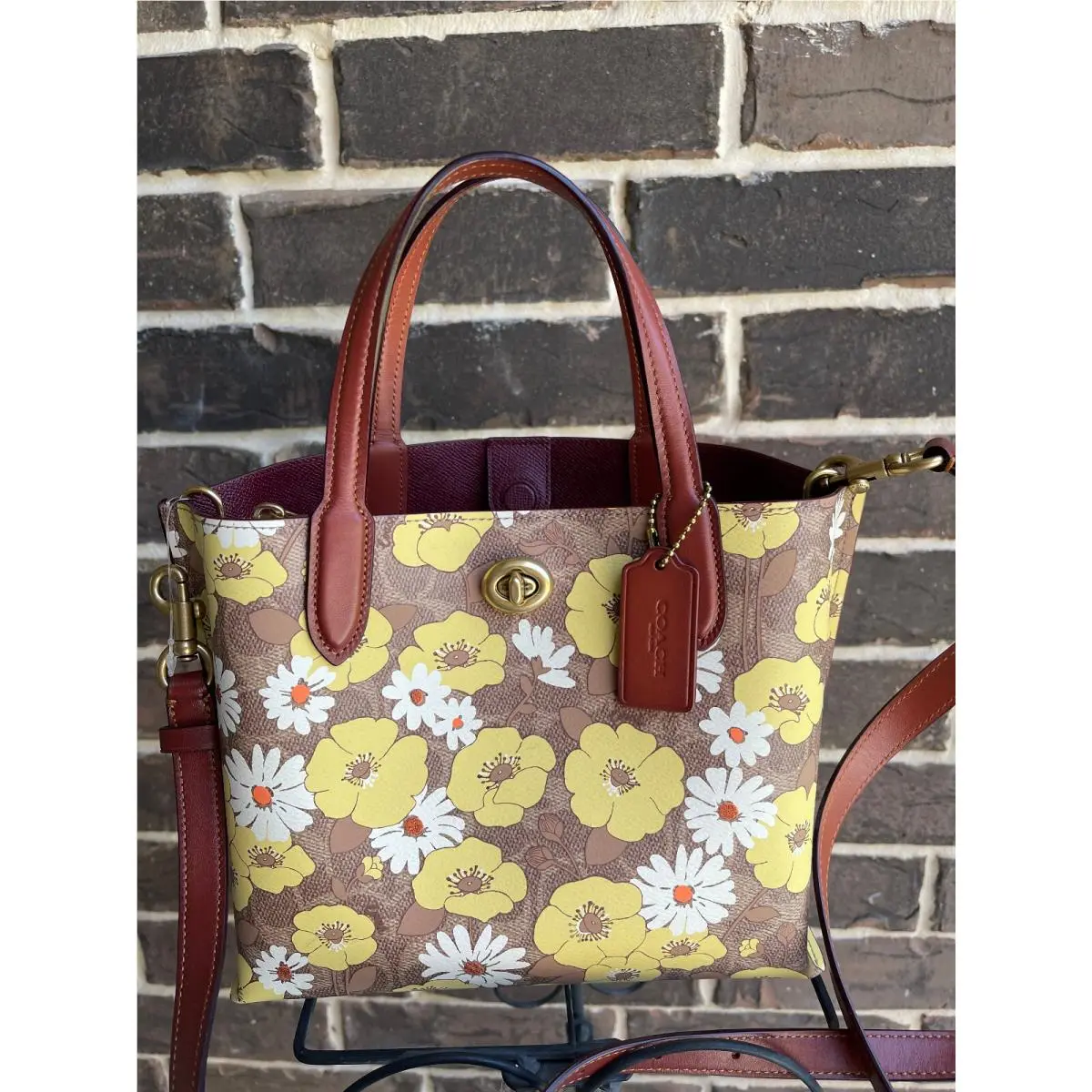 Coach Willow Signature Logo Floral Print Tote Tan Rust Multi Yellow White