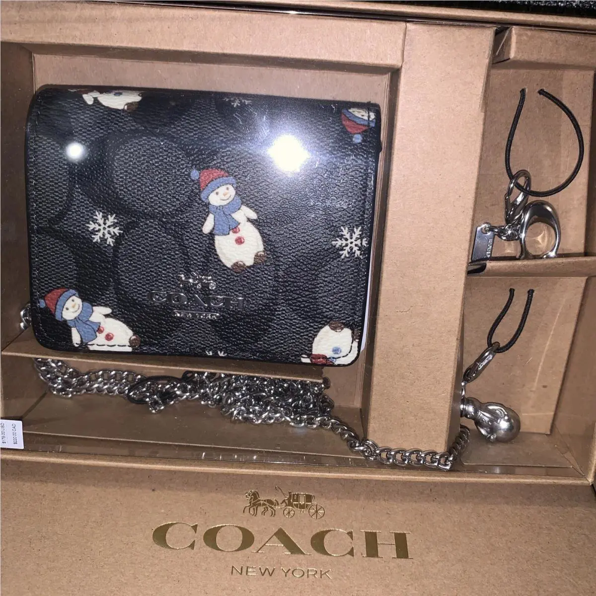 Coach Boxed Mini Wallet On A Chain In Sign. X-mas Leather Graphite