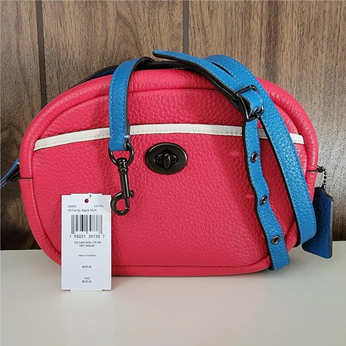Coach Colorblock Leather Camera Crossbody Bag Red Blue 6833