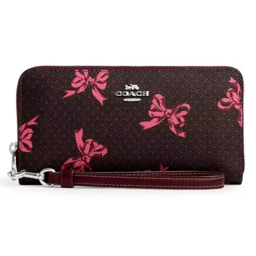 Coach Long Zip Around Wallet - CZ327 Merlot Printed Canvas W/pink Bows