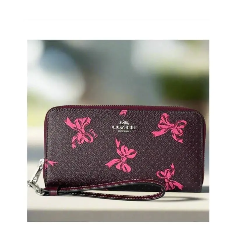 Coach CZ327 Pink Bow Zip Around Wallet Merlot Canvas Phone Wristlet