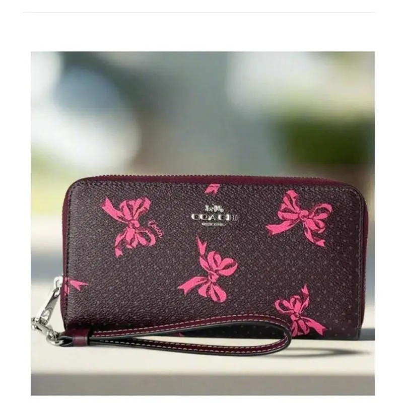 CZ327 Long Zip Wallet Merlot Pink Bow Canvas Phone Wristlet Holiday by Coach