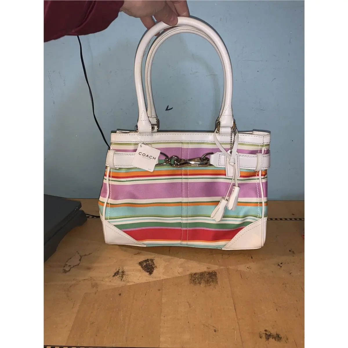 Coach Pink Aqua White Stripe Medium Carryall Tote Purse F10704
