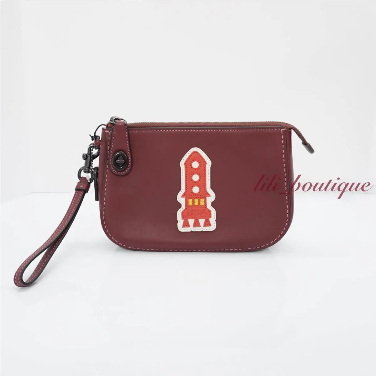 Coach 57198 Varsity Patches Turnlock Pouch Leather Rocket Bordeaux Wine