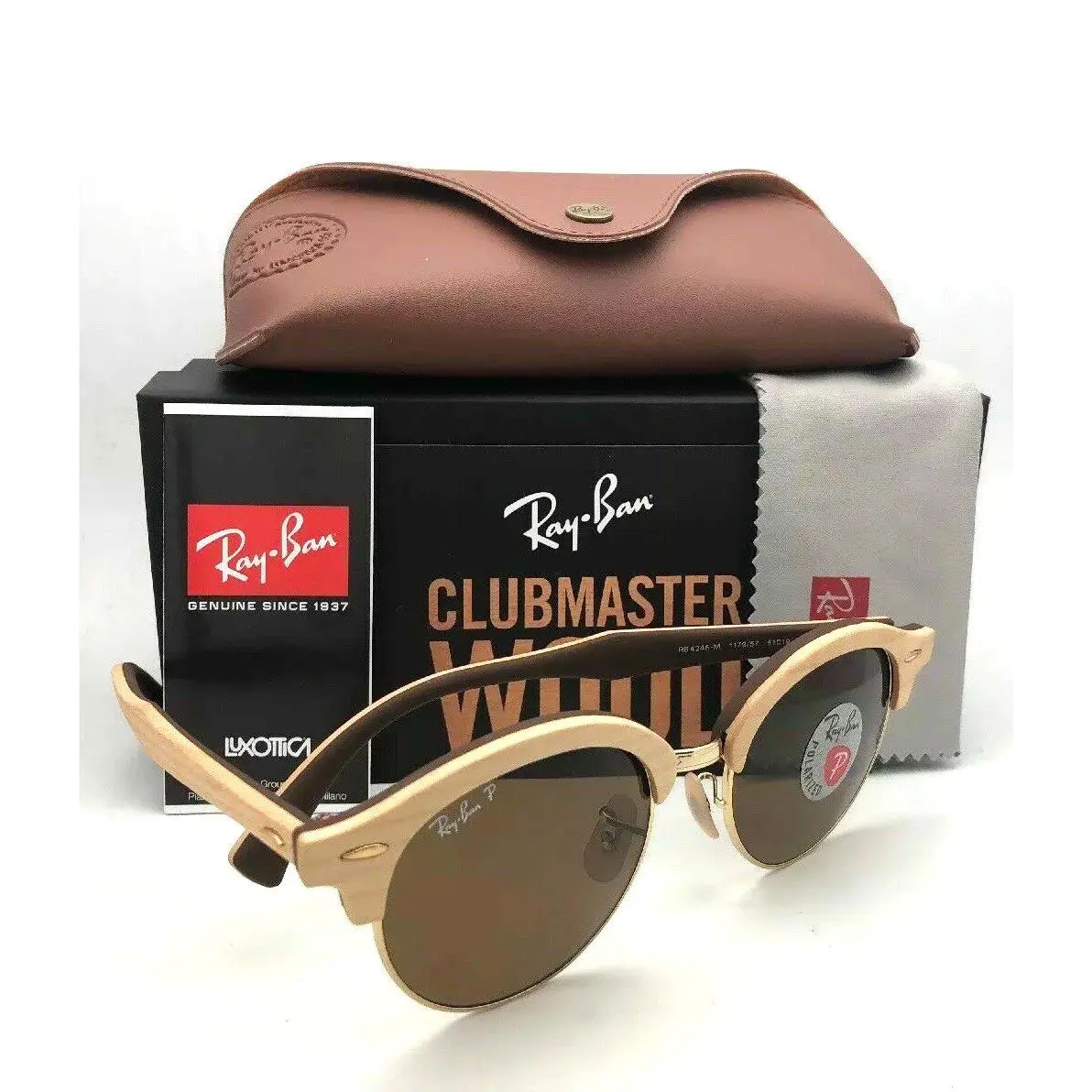 Polarized Ray-ban Sunglasses Clubround Wood RB 4246-M 1179/57 Brown Gold W/brown