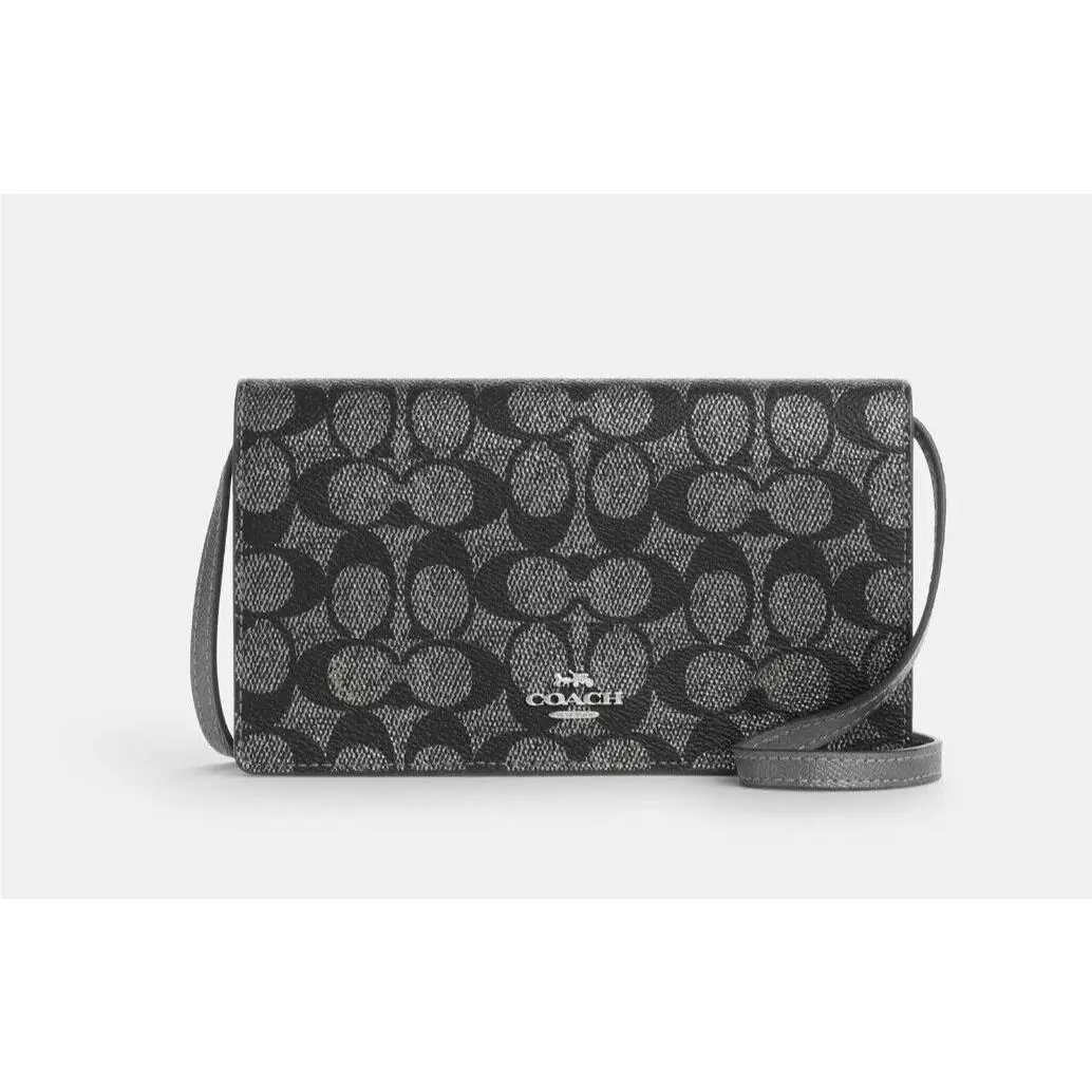 Coach Gunmetal Anna Signature Canvas Leather Foldover Clutch Xbody CX593