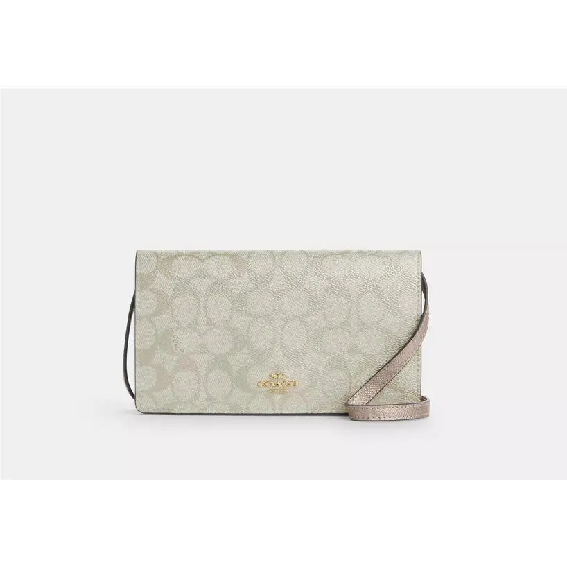 Coach Anna Foldover Clutch Crossbody Signature Canvas Leather CX593 Champagne