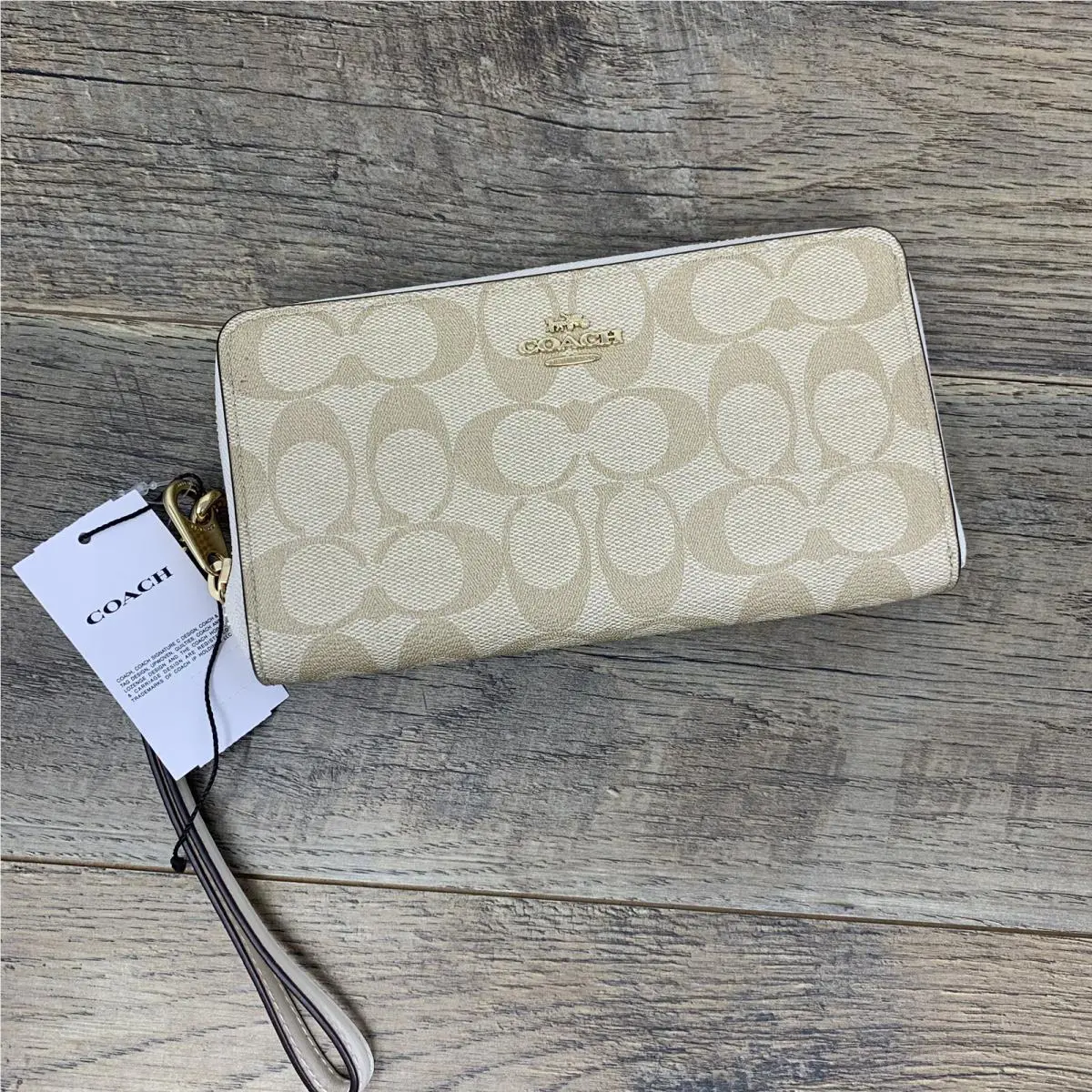 Coach Long Zip Around Wallet Signature Canvas Leather C4452 Light Khaki —
