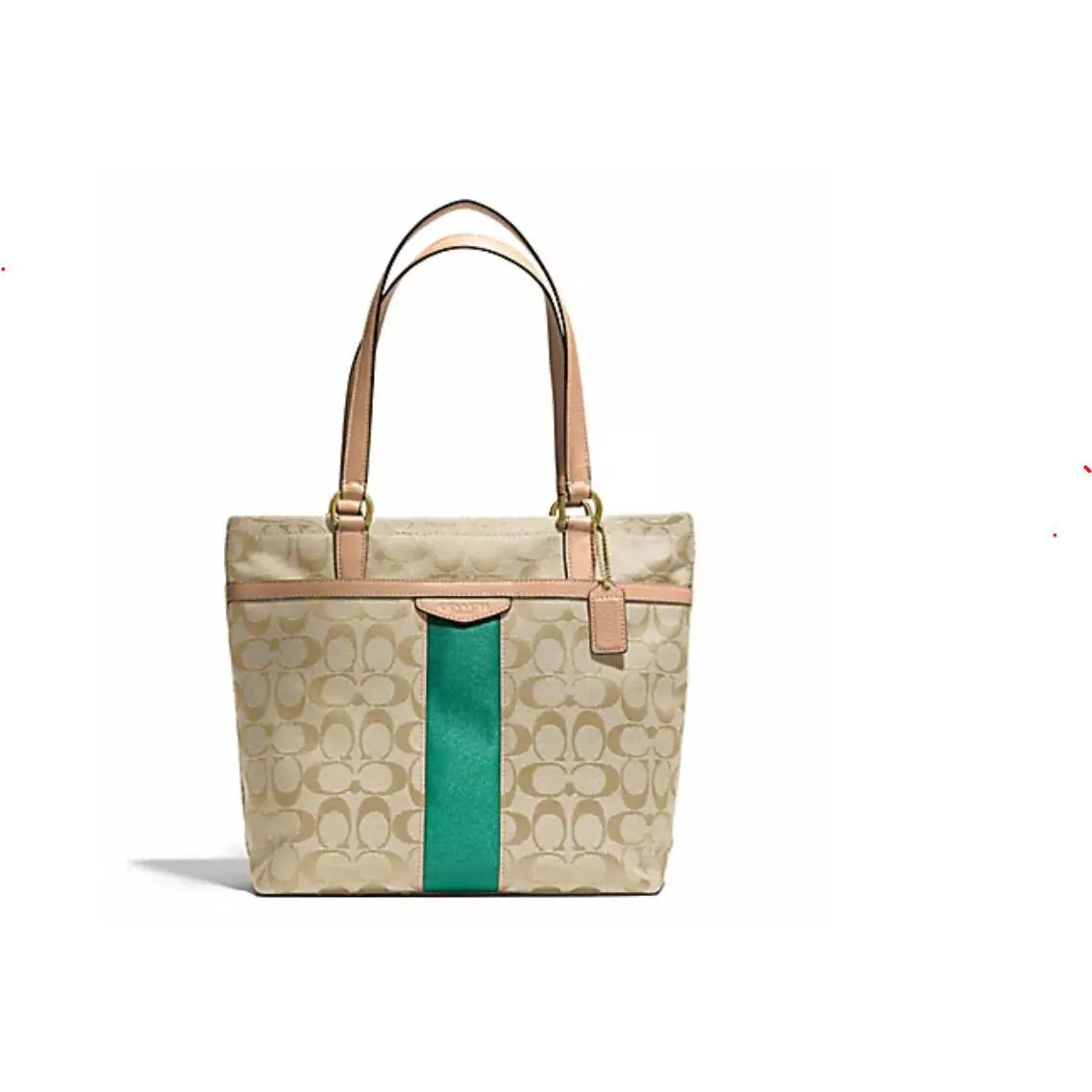 Coach F28504 Khaki Emerald Signature Stripe Shoulder Tote Bag Purse - Handle/Strap: Beige, Exterior: Khaki & Emerald, Lining: Green