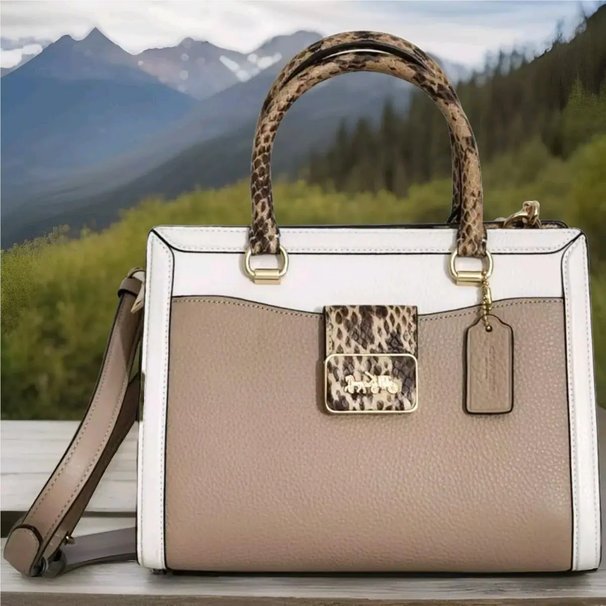 Coach Grace Carryall Taupe Snakeskin Leather Crossbody Satchel Bag