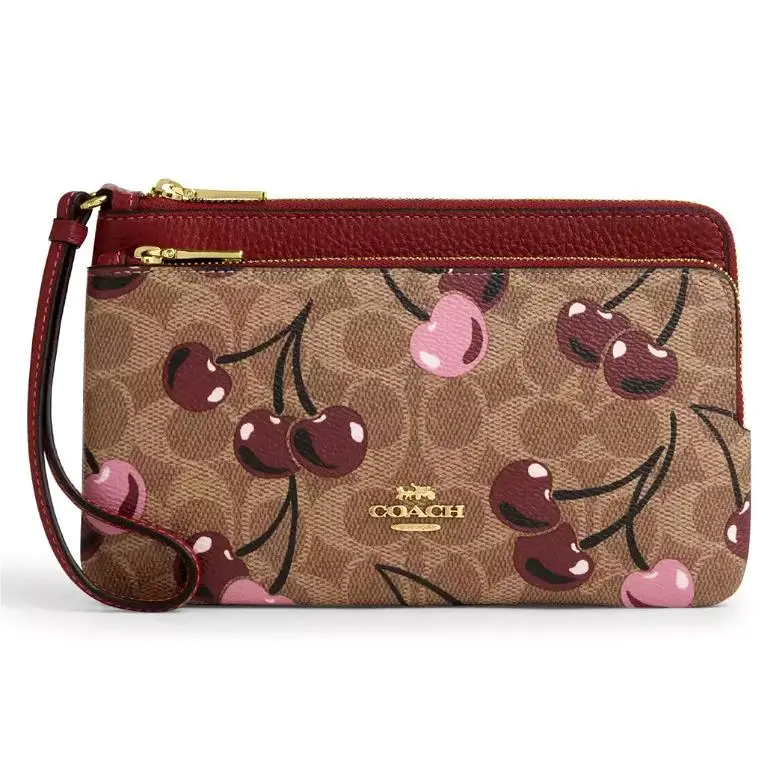 Coach Double Zip Wallet - CZ763 Signature Canvas W/pink Red Cherry Print