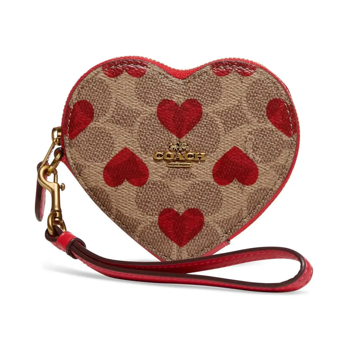 Heart Coin Case Wristlet in Signature Canvas Tan/red Heart by Coach