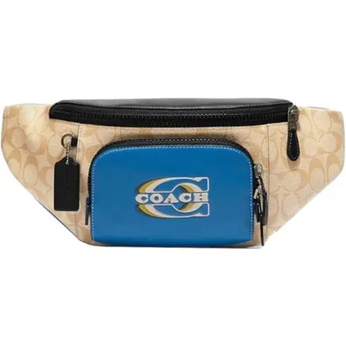 Coach CH587 Track Khaki Blue Coated Canvas Leather Logo Stamp Belt Bag