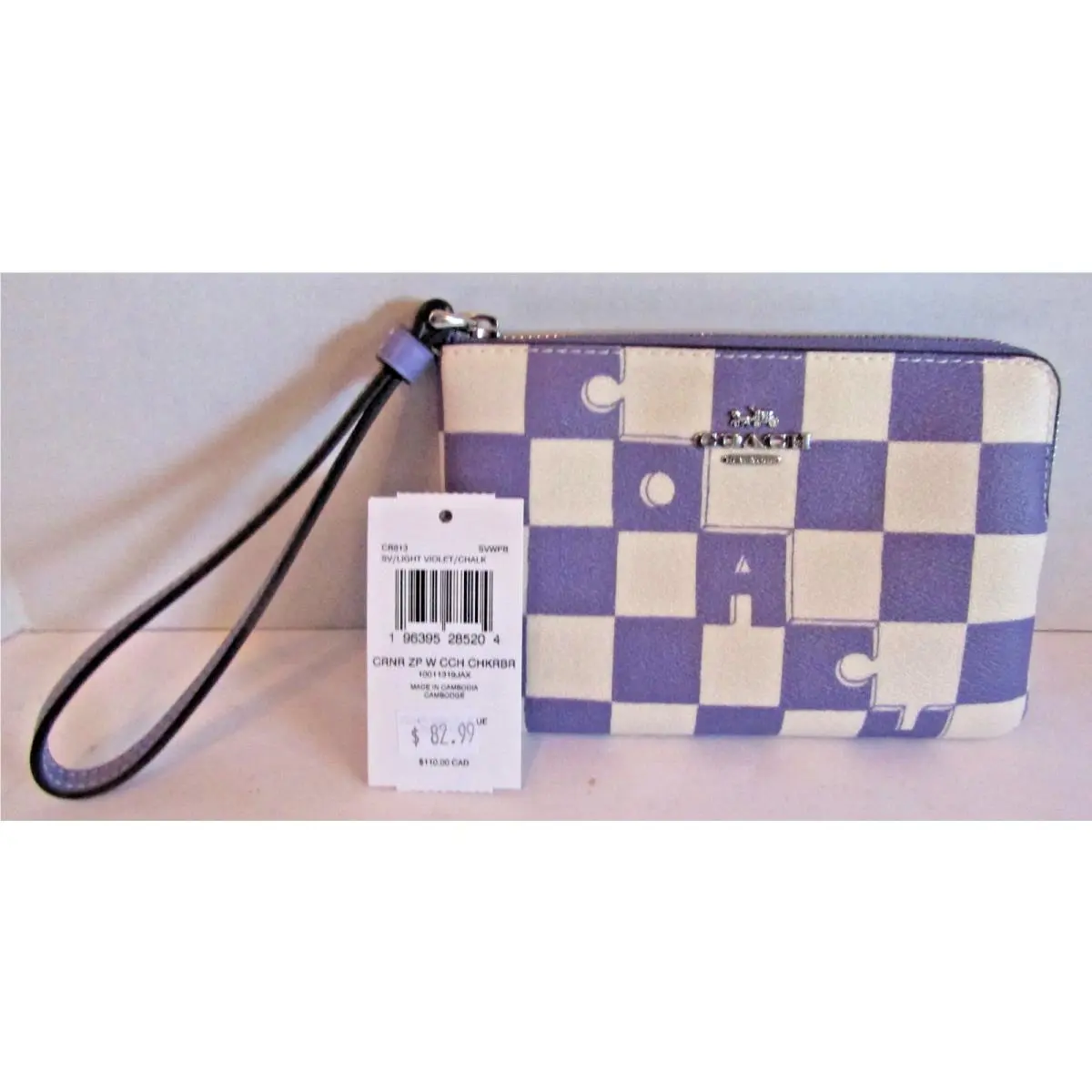 Coach CR813 Checkerboard Corner Zip Wristlet in Light Violet/chalk