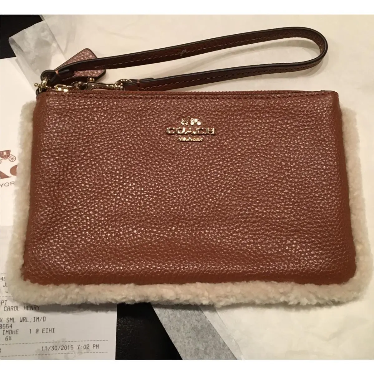 Coach Saddle Leather W/shearling Iphone Galaxy Wristlet F64709 + Receipt Box