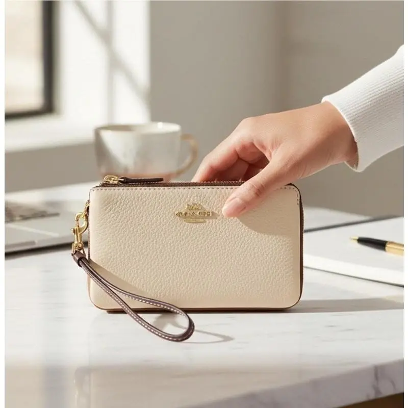 Coach Double Corner Zip Wristlet In Colorblock Ivory Light Saddle Leather 91622