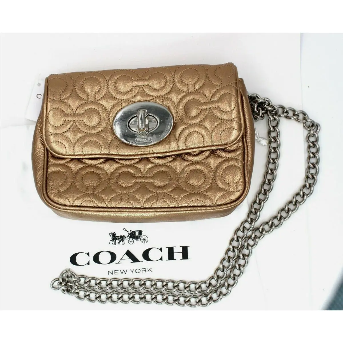 Coach Gold Metallic Leather Madison Chain Mini Shoulder Bag Tag + Dustbag