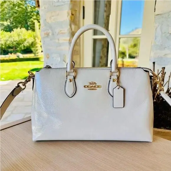 Georgia Satchel Bag Crinkle Patent Leather Crossbody Tote Pearl CV942 by Coach