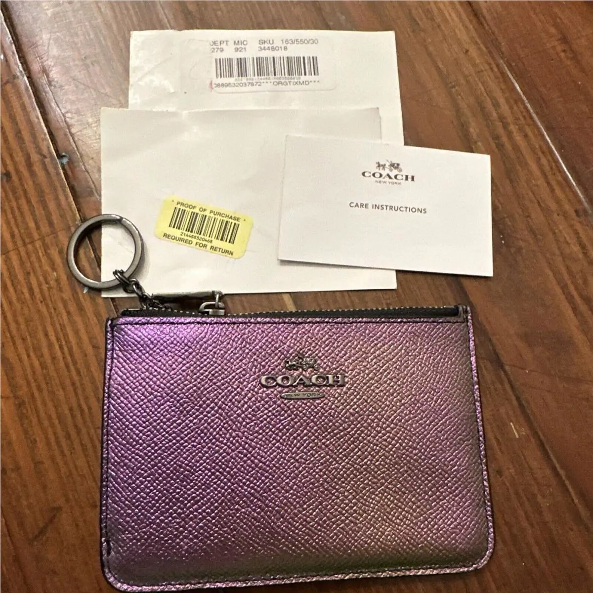 Coach Purple Hologram Texture Leather Card Pouch Mini Wallet W/keycha