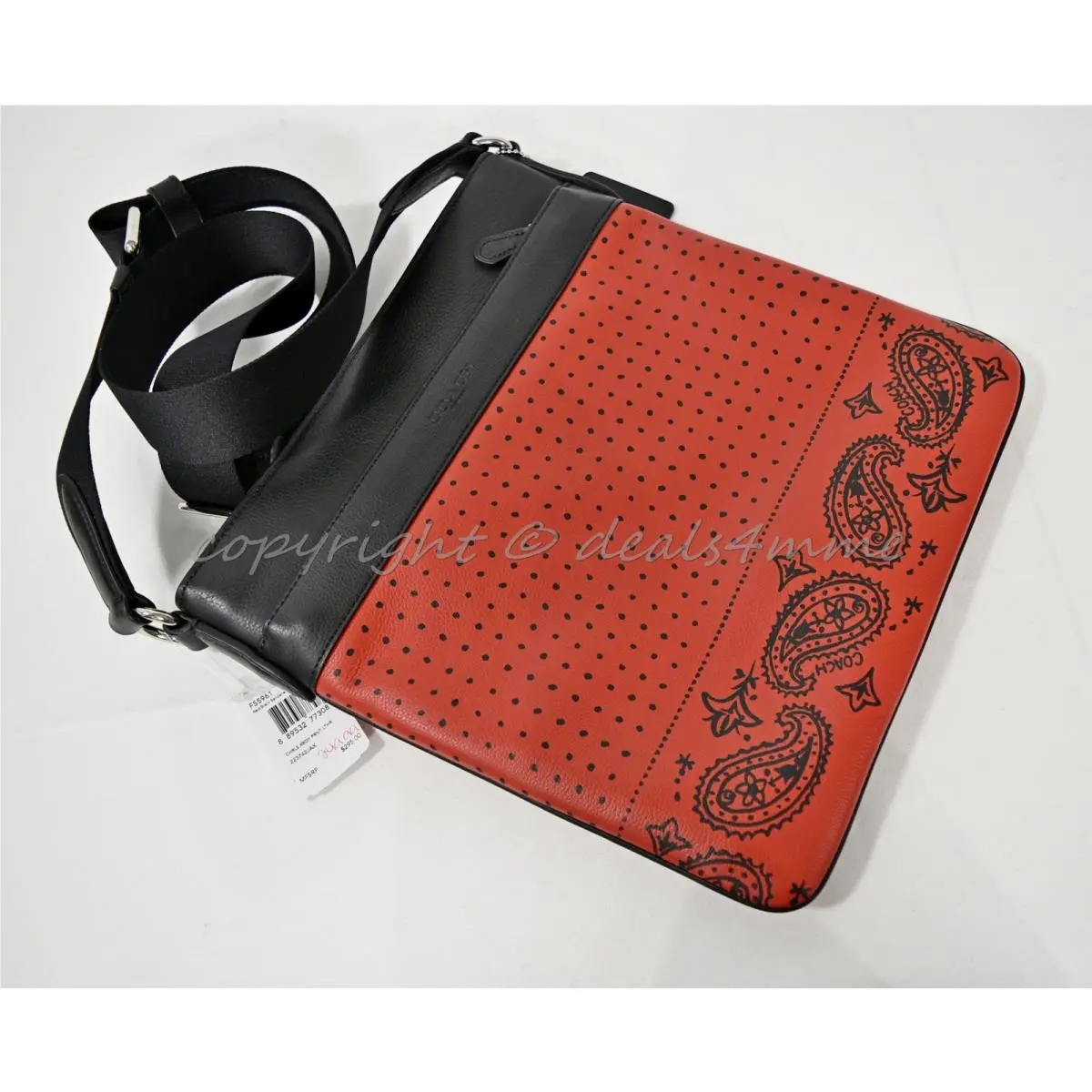 Coach Charles Red/black Bandana Printed Leather Sport Calf Crossbody Bag F55961