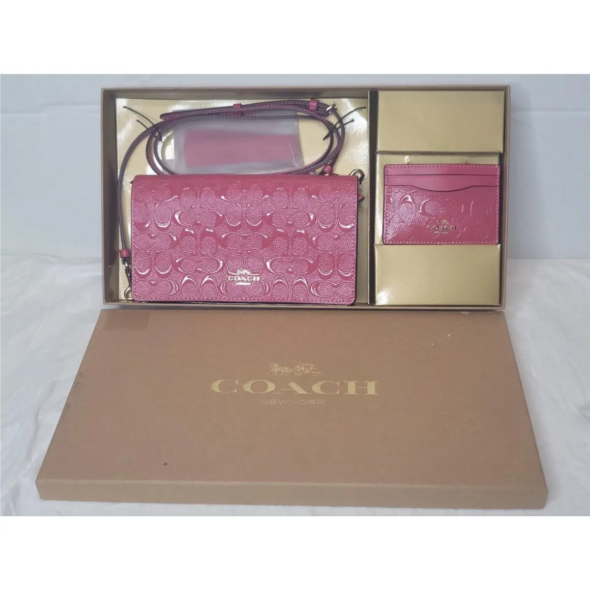 Coach CH359 Anna Foldover Clutch Strawberry Haze Embossed Crossbody Card Case