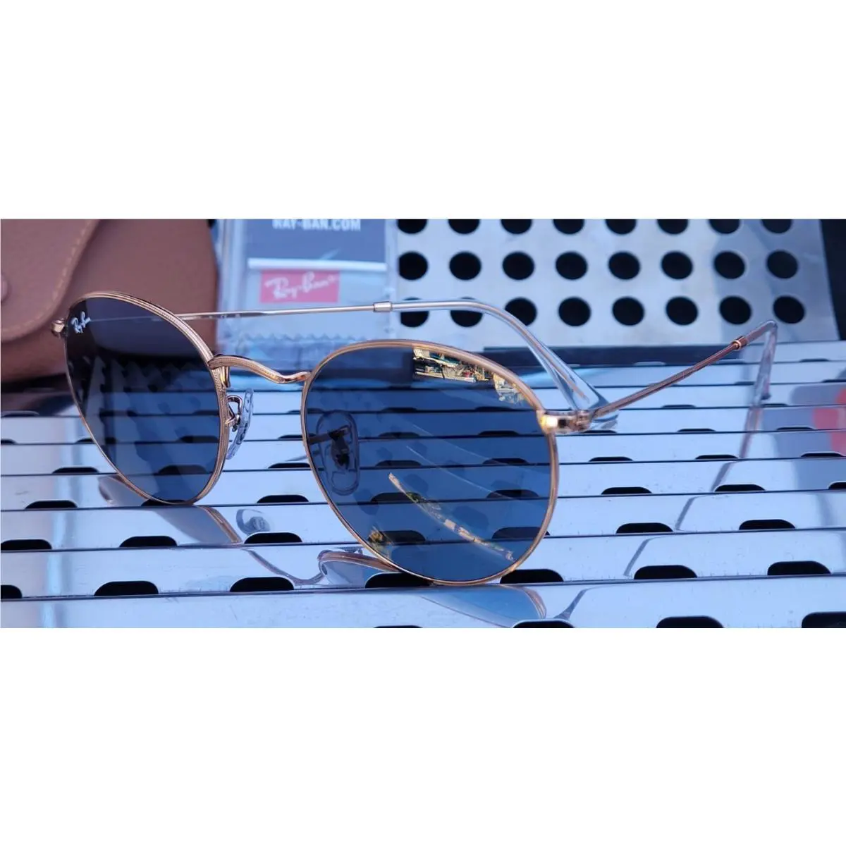 Ray Ban Round Metal RB3447 920/2R5 Sunglasses Rose Gold w/50mm Dark Blue Lns