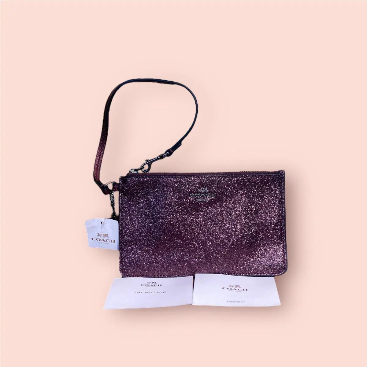 Coach F64585 Metallic Cherry Glitter Luxury Deaigner Logo Small Wristlet